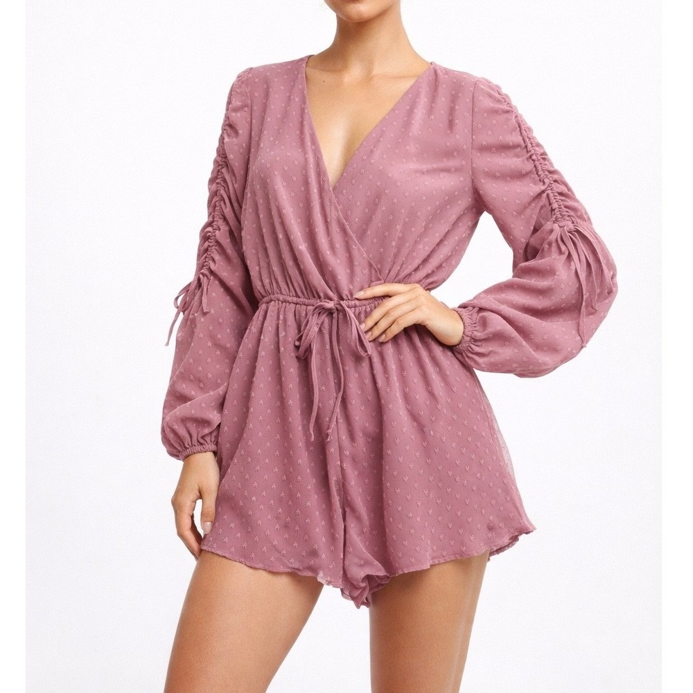 Altard State Pink Textured Dobby Long Sleeve Romper Bardot Style S Cottagecore